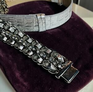 Chico's Silver Tone Rhinestone Chain Faux Croc Wrap Belt Size M/L Adjustable